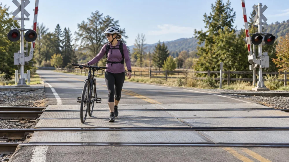 Bicycle Railroad Crossing: Angle, Rails, and Wet Weather