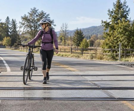 Bicycle Railroad Crossing: Angle, Rails, and Wet Weather